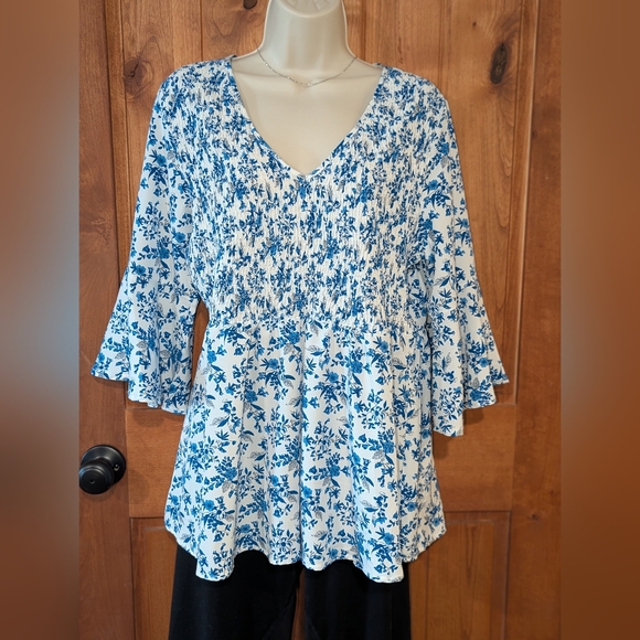 BloomChic Tops - BloomChic Blue and White Ruffled Bell‎ Sleeve Blouse